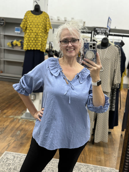 Chambray Raw Ruffle Top