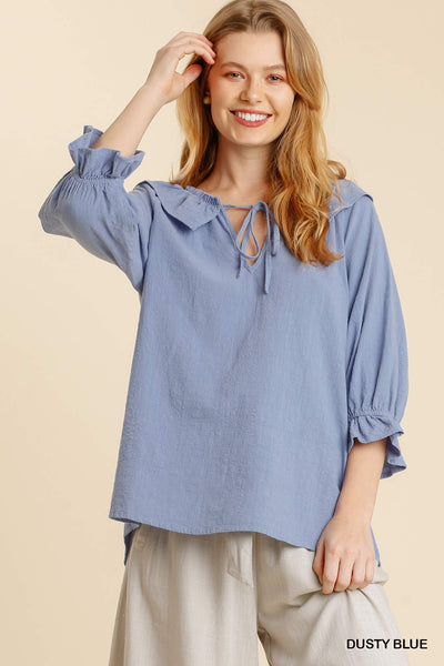 Chambray Raw Ruffle Top