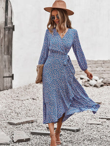 Floral Long Sleeve Ruffle Wrap Dress