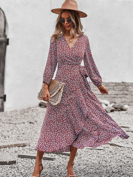 Floral Long Sleeve Ruffle Wrap Dress